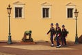 Process of changing the guard at the entrance of Prince`s Palace of Monaco. Castle Guard men, soldier on sentry duty Royalty Free Stock Photo